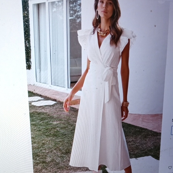Amalie White Wrap V Neck Ruffle Sleeve Midi Dress Belted Fit & Flare Elegant 6 - Picture 1 of 9